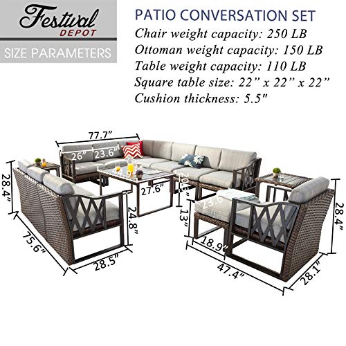 Festival Depot 15Pc Outdoor Furniture Patio Conversation Set Sectional Corner Sofa Chairs All Weather Wicker Ottoman Metal Frame Slatted Coffee Table with Thick Grey Seat Back Cushions Without Pillows 