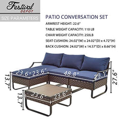 Festival Depot 5 Pieces Patio Outdoor Furniture Conversation Sets Chairs Sectional Sofa, All-Weather Wicker Back Chair with Ottoman Coffee Square Table and Thick Soft Removable Couch Cushions (Blue)