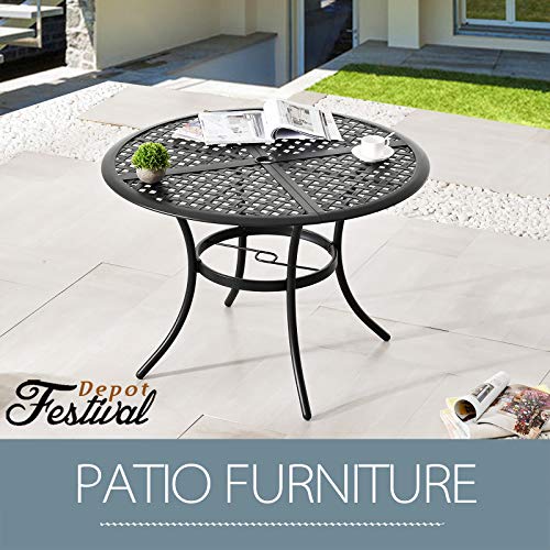 Festival Depot Patio Outdoor Dinning Table with 2.04" Umbrella Hole Metal Table with Collapsible Tabletop for Garden Poolside Deck (Round) 