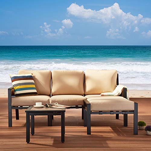 Festival Depot 5pc Patio Sectional Corner Chair Sofa Set with Ottoman L Shape Outdoor All-Weather Metal Chairs with Seating Back Cushions Coffee Side Table Garden Poolside (Beige)