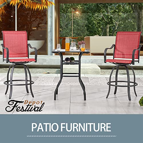 Festival Depot 3 Pcs Patio Bistro Bar Set High Stools Outdoor Furniture with 360° Swivel Armrest Chairs, Coffee Table with Tempered Glass Desktop, Metal Frame for Deck Poolside Garden Porch
