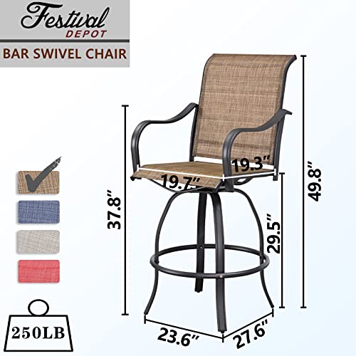 Festival Depot 11Pcs Bar Bistro Outdoor Patio Dining Furniture Sets High Stools 360° Swivel Chairs With Slatted Steel Curved Armrest Coffee Table Tempered Glass Desktop (8 Chairs,3 Table) 