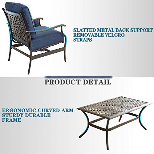 Festival Depot 4 Pcs Conversation Sets 5 Seats Patio Outdoor Arm Chairs Loveseat Set with Coffee Table Fabric Metal Frame Furniture Garden Bistro Seating Thick Soft Cushion, 