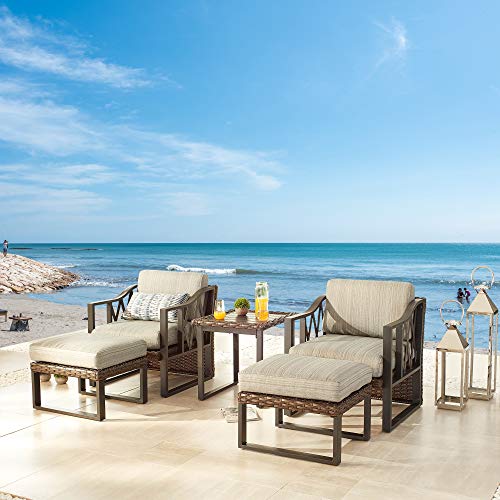 Festival Depot 5 Pcs Bistro Outdoor Patio Furniture Conversation Set Wicker Rattan Armchairs Rectangle Ottoman with Premium Fabric Cushion Square Side Coffee Table with Metal Slatted Steel Legs Frame