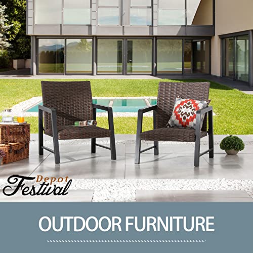 Festival Depot 2Pcs Patio Armchair Set, PE Wicker Bistro Set, All-Weather Dining Chairs with Soft Cushion Quick-Drying Cotton Built-in Under Seat Outdoor Furniture for Backyard Porch Lawn Deck Garden 