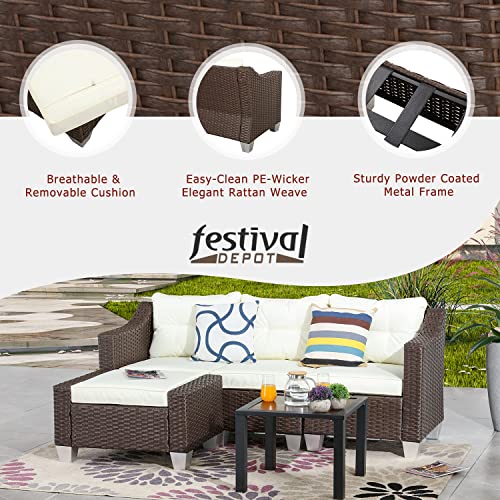 Festival Depot 5 Pcs Patio Conversation Set Outdoor Furniture Combination Sectional Sofa All-Weather PE Wicker Metal Armchairs with Seating Back Cushions Side Coffee Table Ottoman (Beige) 