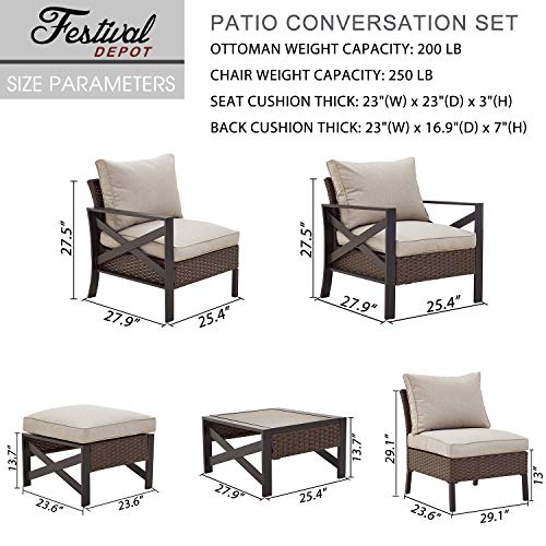 Festival Depot 10 Pcs Patio Outdoor Furniture Conversation Set Sectional Corner Sofa with All-Weather Brown PE Rattan Wicker Back Chair, Ottoman, Coffee Table and Thick Removable Couch Cushions