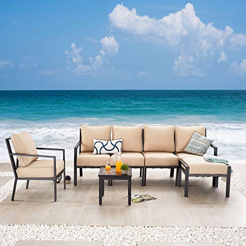 Festival Depot 7-Pieces Patio Outdoor Furniture Conversation Sets Sectional Sofa, All-Weather Black Slatted Back Armchairs with Coffee Side Table and Soft Removable Couch Cushions (Beige)