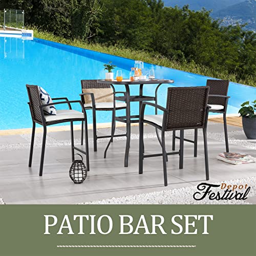 Festival Depot 5 Pcs Patio Bar Set of 4 Wicker Stools with Cushions Rattan High Stools with Armrests and Tempered Glass Top Counter Table in Metal Frame Outdoor Furniture for Bistro Garden 