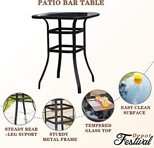 Festival Depot 5 pcs Bar Bistro Patio Outdoor Dining Furniture Sets High Stools 360° Swivel Chair with Slatted Steel Curved Armrest Coffee Table Tempered Glass Desktop (4 Chairs,1 Table) 