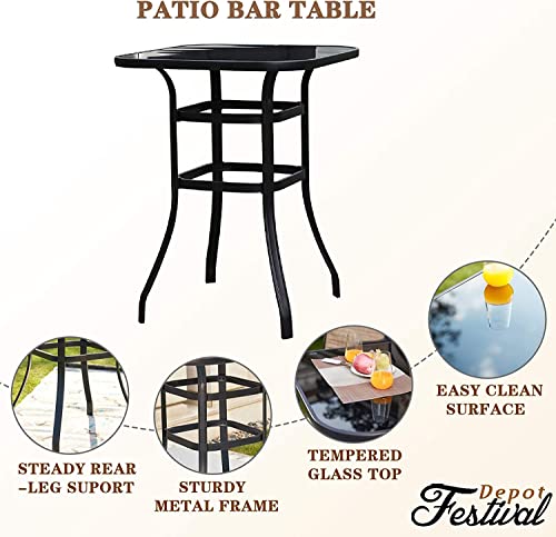 Festival Depot 9 Pcs Patio Dining Set Bar Height Stools Swivel Bistro Chairs with Armrest and Tempered Glass Top Table Metal Outdoor Furniture for Yard (Taupe)