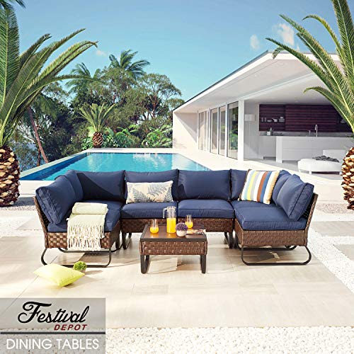 Festival Depot Dining Outdoor Patio Bistro Furniture Corner Section Chairs Wicker Rattan Premium Fabric Soft & Deep Cushions with Side U Shaped Slatted Steel Legs for Garden Yard Poolside All-Weather