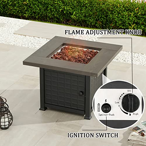 Sports Festival Fire Pit Table Set of Propane Fire Table and 4 Wicker Chairs with Thick Cushions for Patio Rattan Outdoor Furniture, CSA Certification