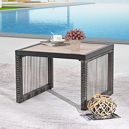 Festival Depot Wicker Patio Side Table All-Weather Metal Square Dining Coffee Table Waterproof Outdoor Sectional Furniture with DPC Desktop for Bistro Balcony Garden Pool Lawn Backyard