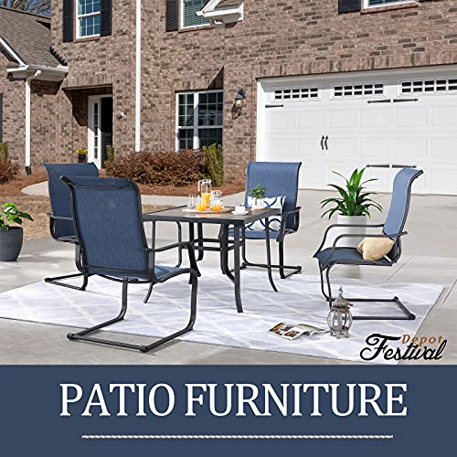 Festival Depot 5Pcs Patio Dining Set of 4 High Back Chairs with Textilene Fabric and 1 Square Metal Table with Wood-Like DPC Tabletop and Curved Steel Legs for Backyard Deck Garden