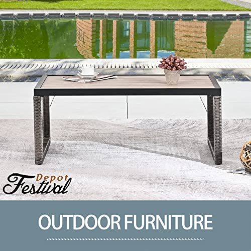 Festival Depot Wicker Patio Coffee Table All-Weather Metal Square Dining Table Waterproof Outdoor Sectional Furniture with DPC Desktop for Bistro Balcony Garden Pool Lawn Backyard 