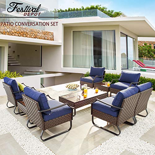 Festival Depot 9 Pcs Patio Outdoor Furniture Conversation Sets Sectional Sofa with All-Weather PE Rattan Wicker Armchair, Loveseat Coffee Side Table and Thick Soft Removable Couch Cushions (Blue) 