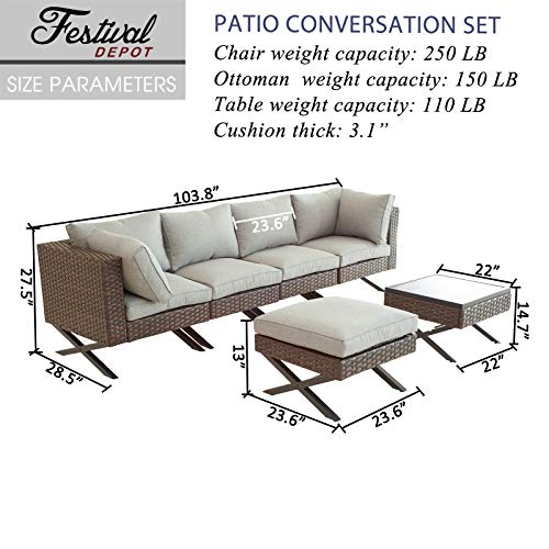 Festival Depot 6pcs Outdoor Furniture Patio Conversation Set Sectional Corner Sofa Chairs with X Shaped Metal Leg All Weather Brown Rattan Wicker Ottoman Side Coffee Table with Grey Seat Back Cushions 