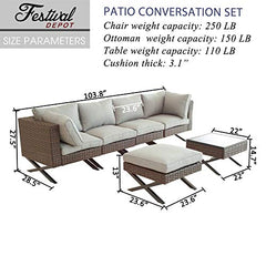 Festival Depot 6pcs Outdoor Furniture Patio Conversation Set Sectional Corner Sofa Chairs with X Shaped Metal Leg All Weather Brown Rattan Wicker Ottoman Side Coffee Table with Grey Seat Back Cushions