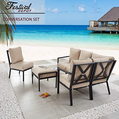 Festival Depot 6 Pieces Patio Outdoor Furniture Conversation Sets Sectional Corner Sofa, All-Weather Black X Shaped Slatted Back Chairs with Ottoman and Thick Soft Removable Couch Cushions (Beige)