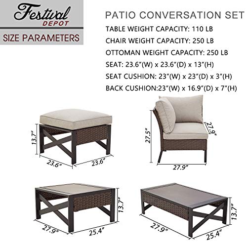 Festival Depot 10 Pcs Patio Outdoor Furniture Conversation Set Sectional Corner Sofa with All-Weather Brown PE Rattan Wicker Back Chair, Coffee Side Table and Thick Removable Couch Cushions 