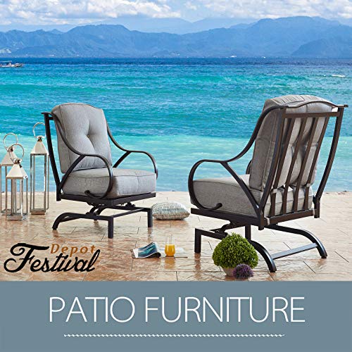 Festival Depot 2 of Outdoor Patio Dining Chairs with Blue Cushions Set Premium Fabric Metal Frame Furniture Set Garden Bistro Seating Chair Thick&Soft Cushions (2pc Dining Chairs)