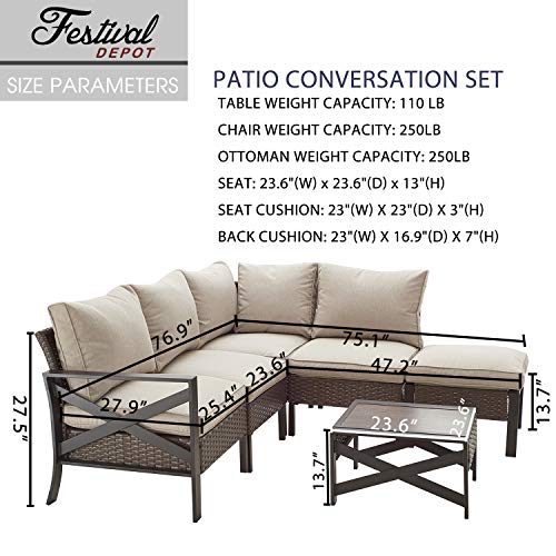 Festival Depot 6 Pieces Patio Conversation Set Outdoor Furniture Sectional Corner Sofa with All-Weather Brown Wicker Back Chair, Coffee Table, Ottoman and Thick Soft Removable Couch Cushions 