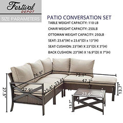 Festival Depot 6 Pieces Patio Conversation Set Outdoor Furniture Sectional Corner Sofa with All-Weather Brown Wicker Back Chair, Coffee Table, Ottoman and Thick Soft Removable Couch Cushions
