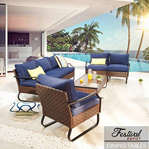Festival Depot Dining Outdoor Patio Bistro Furniture Right Armrest Section Chair with Curved Armrest Wicker Rattan Cushion with Side U Shaped Slatted Steel Leg for Garden Yard Poolside All-Weather 