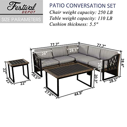 Festival Depot 7pcs Outdoor Furniture Patio Conversation Set Sectional Corner Sofa Chairs All Weather Brown Rattan Wicker Slatted Coffee Table End Table with Grey Thick Seat Back Cushions, Black 