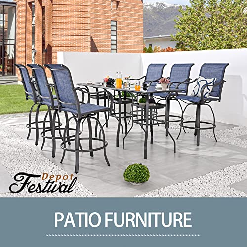 Festival Depot 3 Pcs Patio Bistro Bar Set High Stools Outdoor Furniture with 360° Swivel Armrest Chairs, Coffee Table with Tempered Glass Desktop, Metal Frame for Deck Poolside Garden Porch