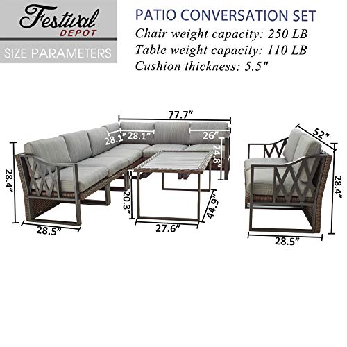 Festival Depot 9pcs Outdoor Furniture Patio Conversation Set Sectional Corner Sofa Chairs All Weather Brown Rattan Wicker Slatted Coffee Table with Grey Thick Seat Back Cushions, Black