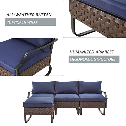 Festival Depot 4 Pieces Patio Dining Furniture Outdoor Armchair Combination Conversation Set All-Weather Ottoman with U Shaped Steel Leg for Porch Lawn Garden Balcony Pool Backyard, Brown 