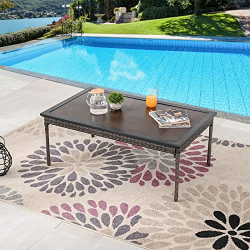 Elegant Rattan Coffee Table with Wood-Like Metal Frame for Outdoor