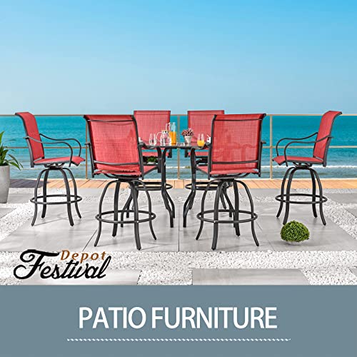 Festival Depot 3 Pcs Patio Bistro Bar Set High Stools Outdoor Furniture with 360° Swivel Armrest Chairs, Coffee Table with Tempered Glass Desktop, Metal Frame for Deck Poolside Garden Porch