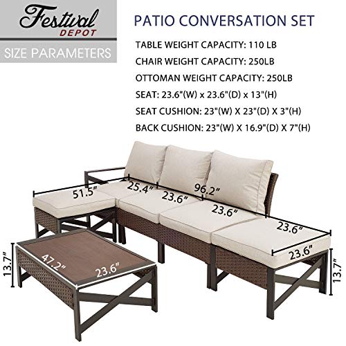 Festival Depot 6 Pcs Patio Outdoor Furniture Conversation Set Sectional Sofa with All-Weather Brown PE Rattan Wicker Back Chair, Coffee Table, Ottoman and Soft Thick Removable Couch Cushions