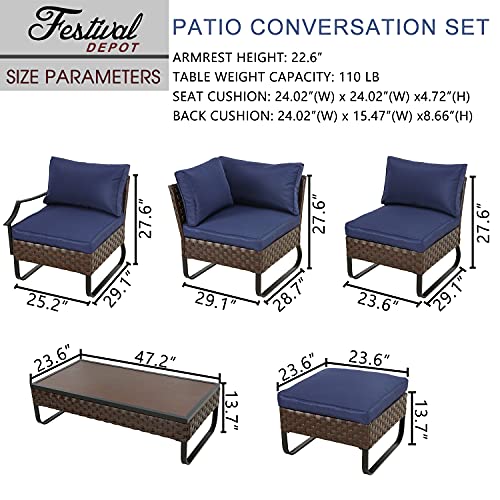 Festival Depot 7 Pieces Patio Furniture Set, All-Weather PE Rattan Wicker Metal Frame Sofa Outdoor Conversation Set Sectional Corner Couch with Cushion Ottoman and Coffee Table for Deck Poolside(Blue) 