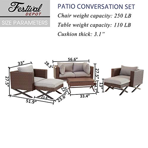 Festival Depot 7pcs Outdoor Furniture Patio Conversation Set Sectional Sofa Chairs with X Shaped Metal Leg All Weather Brown Rattan Wicker Ottoman Coffee Table with Grey Thick Seat Back Cushions