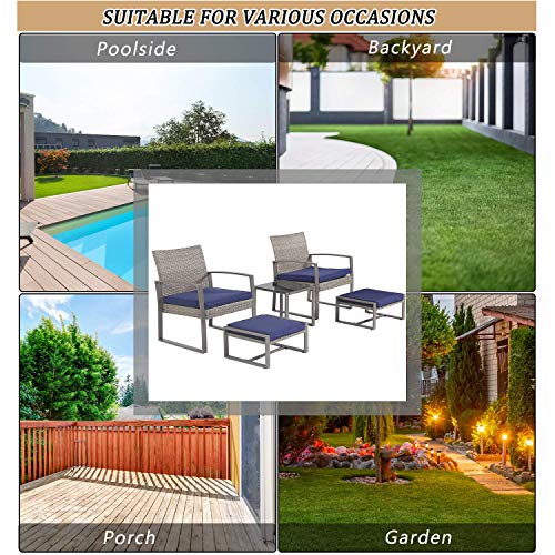 Festival Depot 5 Pieces Outdoor Furniture Patio All-Weather Rattan Conversation Set Armchair, Ottoman with Cushions and Coffee Table with Glass and Metal Frame for Garden Deck Poolside Balcony