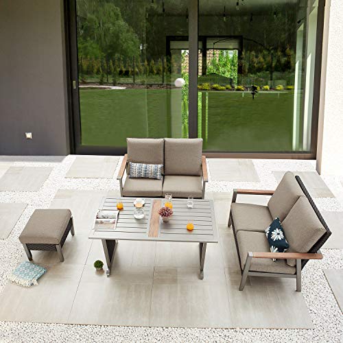 Festival Depot 4pcs Patio Conversation Set Metal Loveseat Chair All Weather Rattan Wicker Armchair with Grey Thick Cushions Ottoman and Coffee Table Outdoor Furniture for Deck Poolside