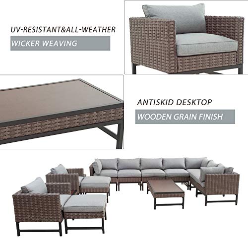 Festival Depot 14 Pieces Patio Conversation Set Outdoor Furniture Combination Sectional Corner Sofa All-Weather Woven Wicker Metal Armchairs with Seating Back Cushions Side Coffee Table Ottoman,Gray