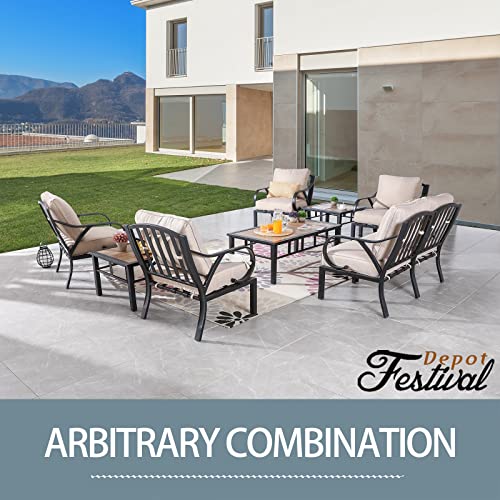 Festival Depot 9 Pieces Patio Conversation Set Sectional Sofa Left & Right Armchair with Thick Cushions and Side Coffee Table All Weather Metal Outdoor Furniture for Deck Garden, Beige 