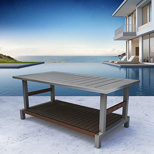 Festival Depot Outdoor Coffee Table Patio Rectangle Metal Dining Table with Wicker Shelf and Steel Legs Grey (42.1"x22"x17.7"H)