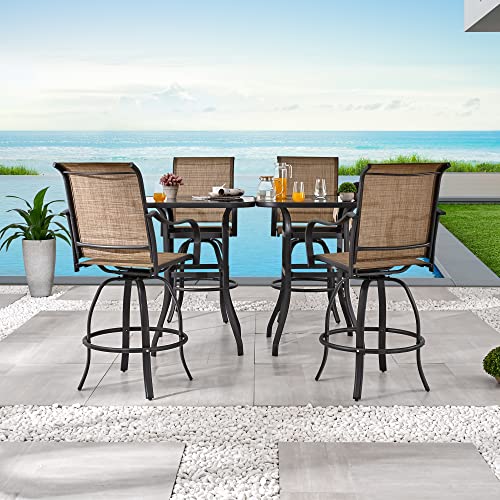 Festival Depot 6-Piece Bar Bistro Patio Outdoor Dining Furniture Sets High Stools 360° Swivel Chairs with Slatted Steel Curved Armrest Square Coffee Side Table Tempered Glass Desktop 