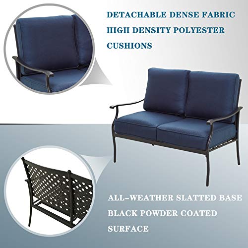 Festival Depot 4pc 4 Seats Patio Conversation Outdoor ArmChairs Loveseat Set with Coffee Table Fabric Metal Frame Furniture Garden Bistro Seating Thick Soft Cushions 