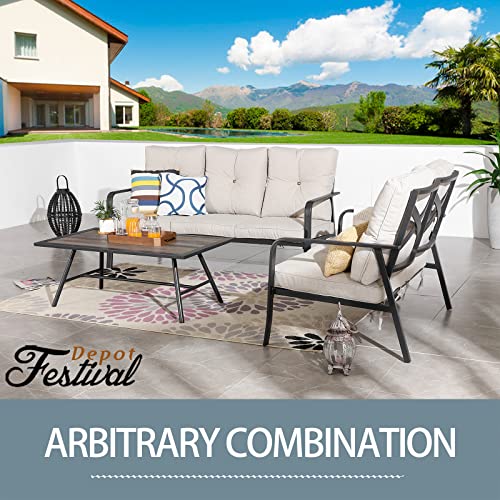 Festival Depot 1 Piece Patio Loveseat Outdoor Furniture, All-Weather 2-Seats Sofa with Curved Armrest, Metal Steel Frame and Detachable Seat & Back Cushion for Porch Balcony Deck Poolside, Beige 