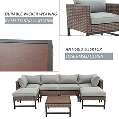 Festival Depot 7 Pieces Patio Outdoor Furniture Conversation Sets Sectional Corner Sofa with Wicker Chairs, Ottoman, Coffee Table and Seating Thick Soft Cushion(Grey)