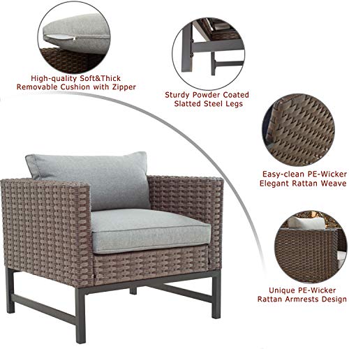 Festival Depot Dining Outdoor Patio Bistro Furniture Armchair with Wicker Rattan Armrest Premium Fabric Comfort & Soft 3.1" Cushions with Metal Slatted Steel Legs for Garden Yard Poolside All-Weather 