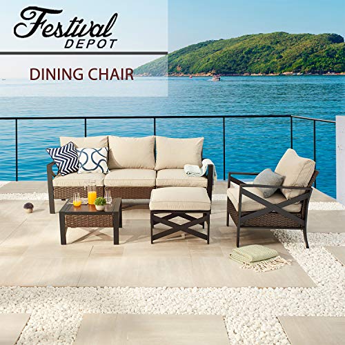 Festival Depot Outdoor Patio Bistro Dining Chairs Left Armrest Chair with X-Shaped Armrest Sofa Wicker Rattan with Thick Soft Cushion with Steel Frames for Garden Yard Poolside