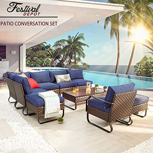 Festival Depot 9 Pcs Patio Conversation Sets Outdoor Furniture Sectional Corner Sofa with All-Weather PE Rattan Wicker Chair Coffee Table and Thick Soft Removable Couch Cushions (Blue)